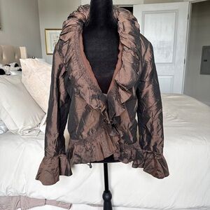 Zina Eva 100% Silk Vintage Brown Ruffle-Trim Jacket